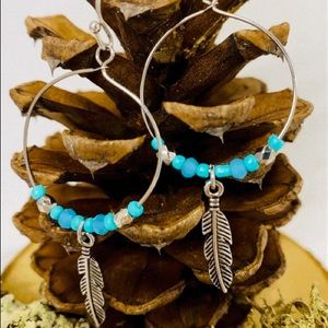 Earrings Boho Tribal Hoops Feather Turquoise Bead